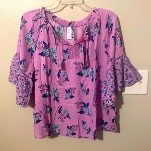 NWT Justice Purple Viola Floral Notch Neck Peasant Top Size XXL 16P/18P